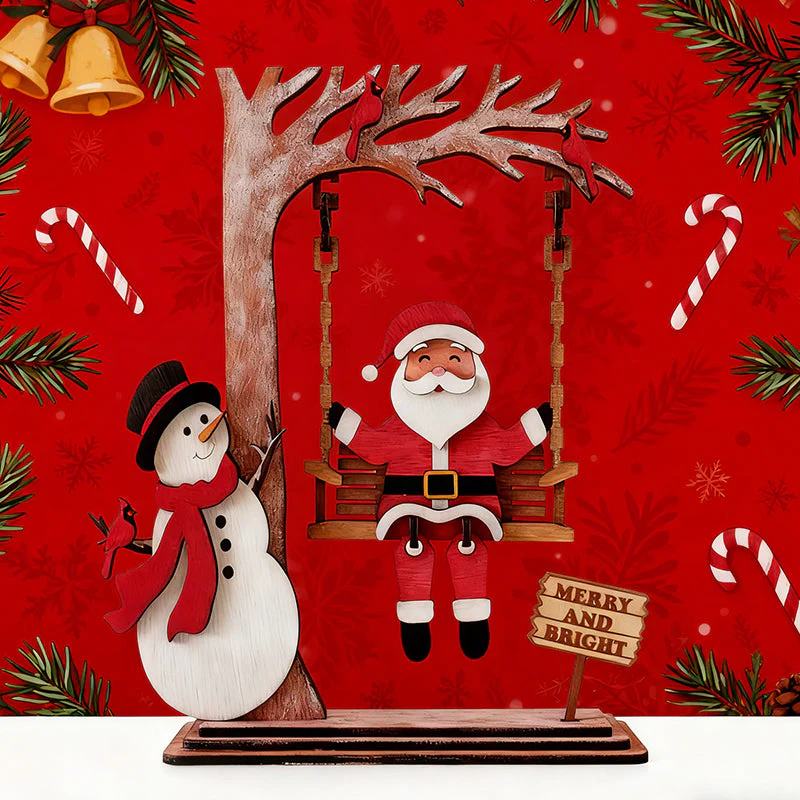 📢📢60 % de réduction !!!✨Décoration de table 3D en bois représentant le Père Noël sur une balançoire - Image 7