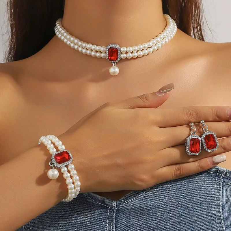 📢📢60% DE RÉDUCTION ! ❄️Ensemble de 4 bijoux de luxe à double rangée de fausses perles - Image 4
