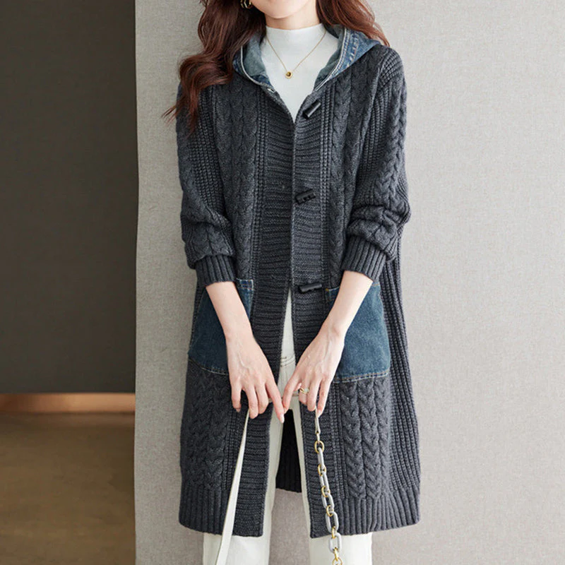 Button Detail Patchwork Knit Sweater Coat - Image 3