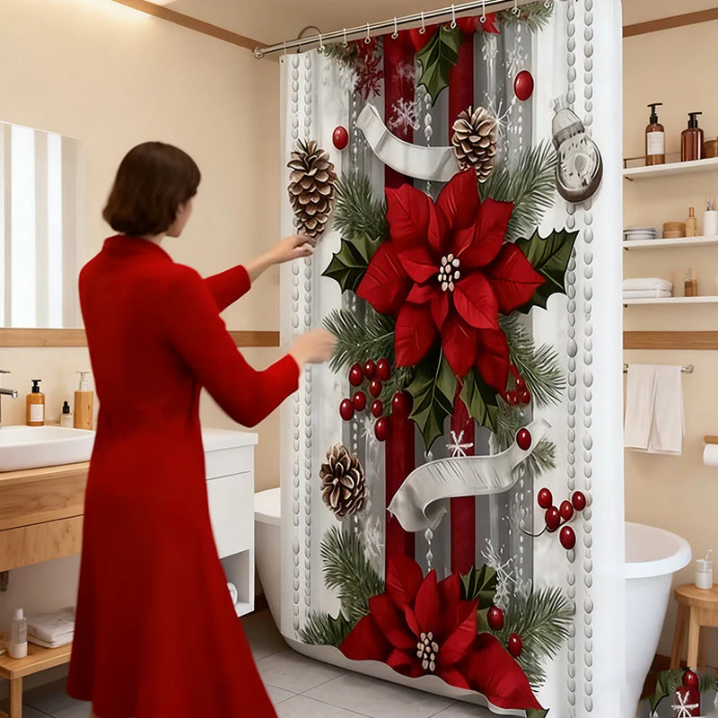 🔥Impression en relief🔥 Rideau de Douche Noël Rouge - Motifs Festifs, Ourlet Lesté, Installation Express 🎄🚿 - Image 2