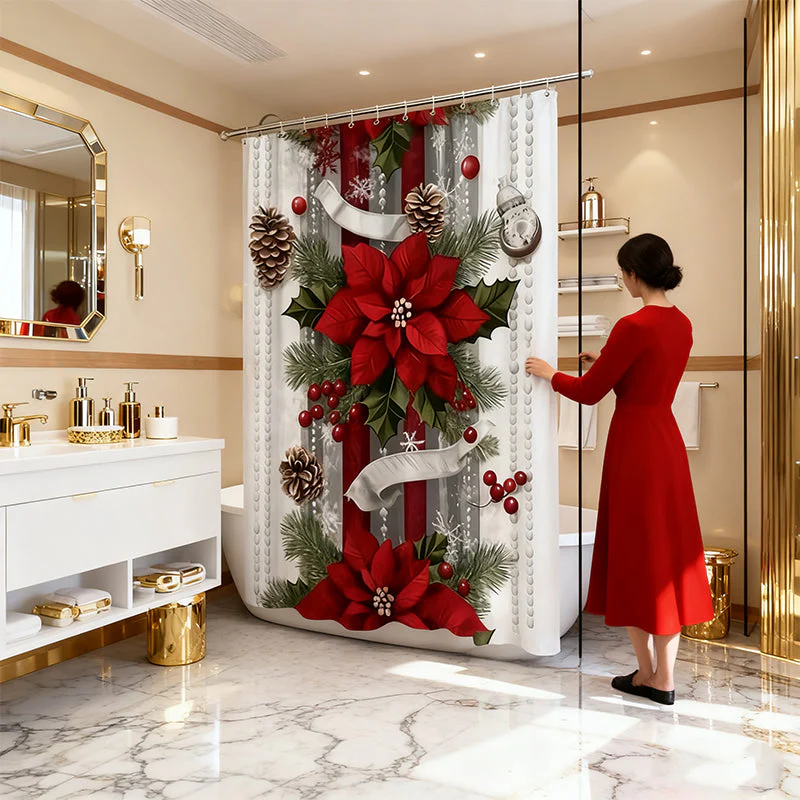 🔥Impression en relief🔥 Rideau de Douche Noël Rouge - Motifs Festifs, Ourlet Lesté, Installation Express 🎄🚿 - Image 3