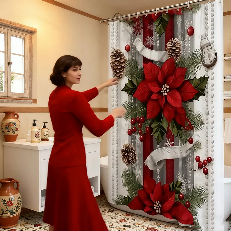 🔥Impression en relief🔥 Rideau de Douche Noël Rouge - Motifs Festifs, Ourlet Lesté, Installation Express 🎄🚿 - Image 4