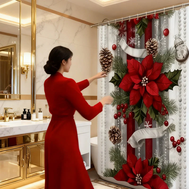 🔥Impression en relief🔥 Rideau de Douche Noël Rouge - Motifs Festifs, Ourlet Lesté, Installation Express 🎄🚿 - Image 5