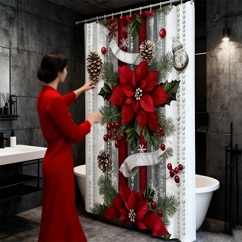 🔥Impression en relief🔥 Rideau de Douche Noël Rouge - Motifs Festifs, Ourlet Lesté, Installation Express 🎄🚿 - Image 7