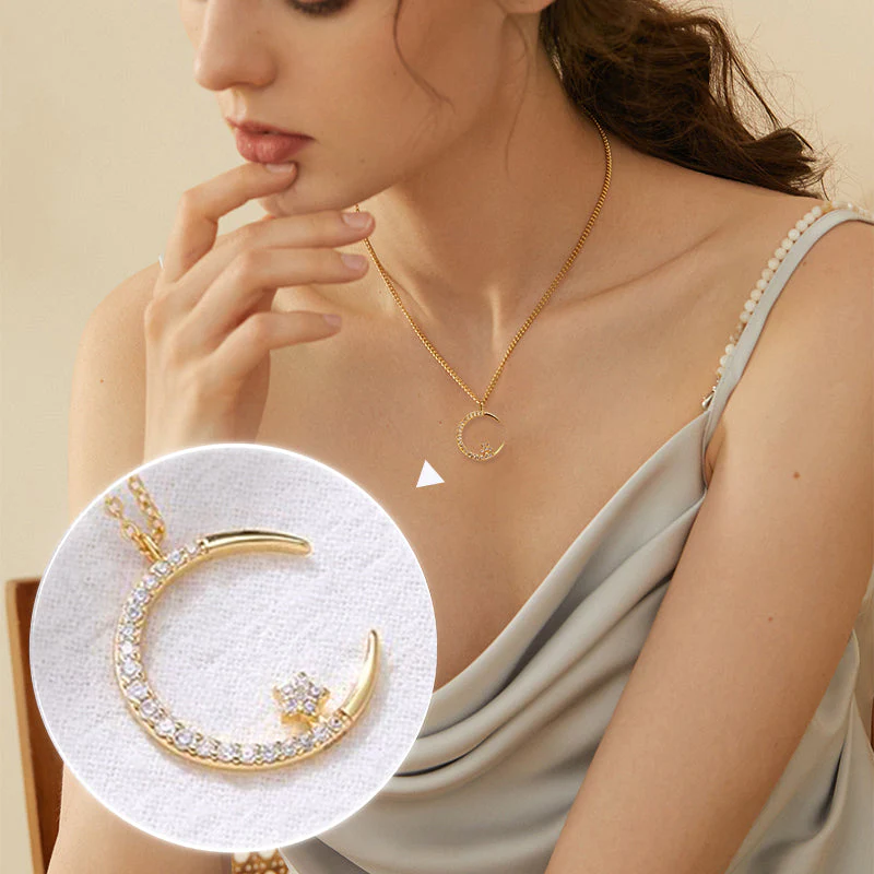Collier Étincelant avec Pendentif d'Étoile et de Lune