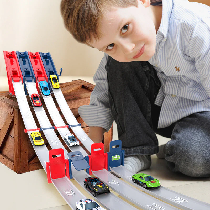 🏎️Que la course commence !⚡Deux fois plus de piste, deux fois plus de plaisir🏆Pas besoin de piles, juste de la vitesse pure ! - ✨【Ensemble de piste de course avec double lanceur de voitures pour enfants】✨