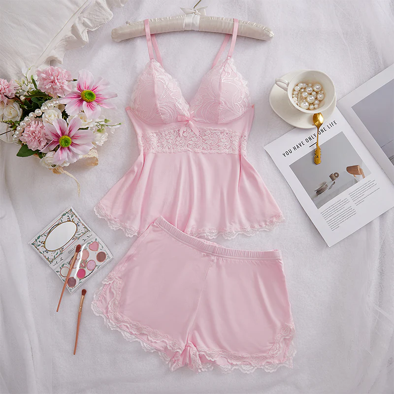 📢🌸👚Offre spéciale d'une durée limitée 63% de réduction💕 Ensemble de vêtements de nuit caraco et short à col en V avec bordure en dentelle - Image 13