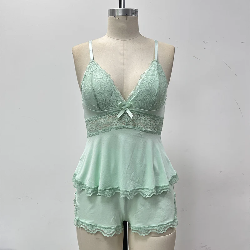 📢🌸👚Offre spéciale d'une durée limitée 63% de réduction💕 Ensemble de vêtements de nuit caraco et short à col en V avec bordure en dentelle - Image 3