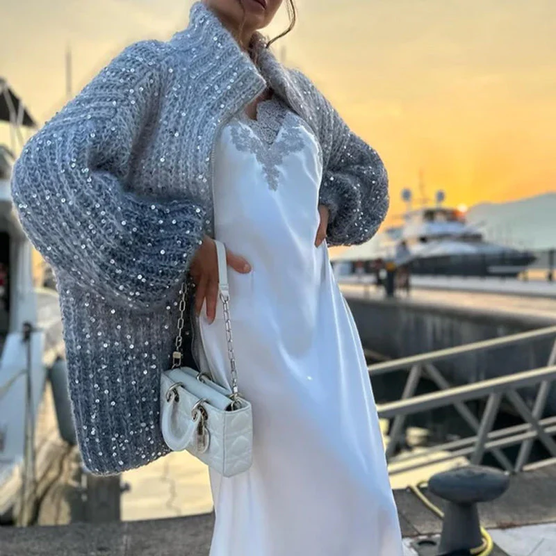 ❄️Rabais saisonnier 62%❄️Knitted Sweater Jacket With Monochromatic Sequins - Image 14