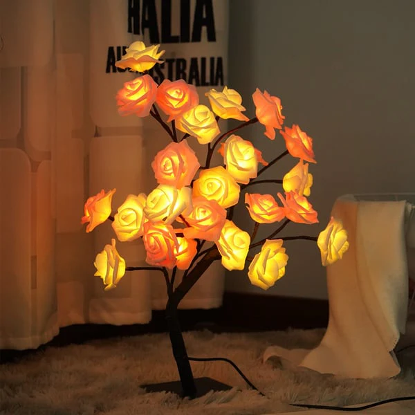 📢📢50 % de réduction !! ⏰🌹✨Veilleuse arbre avec motif fleur de rose, lampe de table alimentée par USB - Image 4