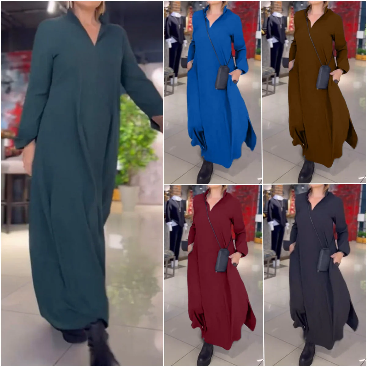 đ„Vente chaude 2024 49% de rĂ©ductionđ„Robe ample dĂ©contractĂ©e Ă manches longues et col en V de couleur unie