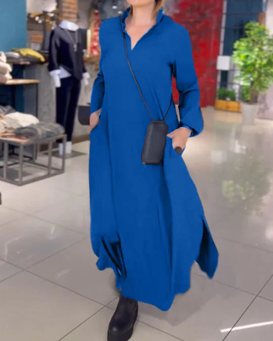 đ„Vente chaude 2024 49% de rĂ©ductionđ„Robe ample dĂ©contractĂ©e Ă manches longues et col en V de couleur unie - Image 4