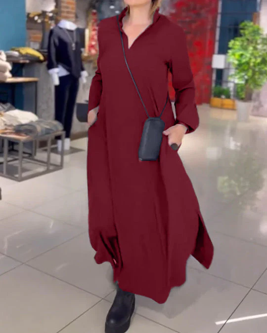 đ„Vente chaude 2024 49% de rĂ©ductionđ„Robe ample dĂ©contractĂ©e Ă manches longues et col en V de couleur unie - Image 5