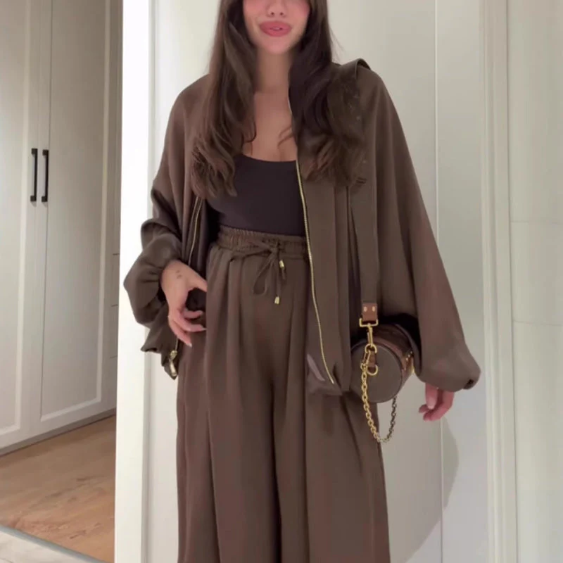 📢📢50 % de réduction！！！📍Ensemble veste zippée ample et pantalon large - Image 6