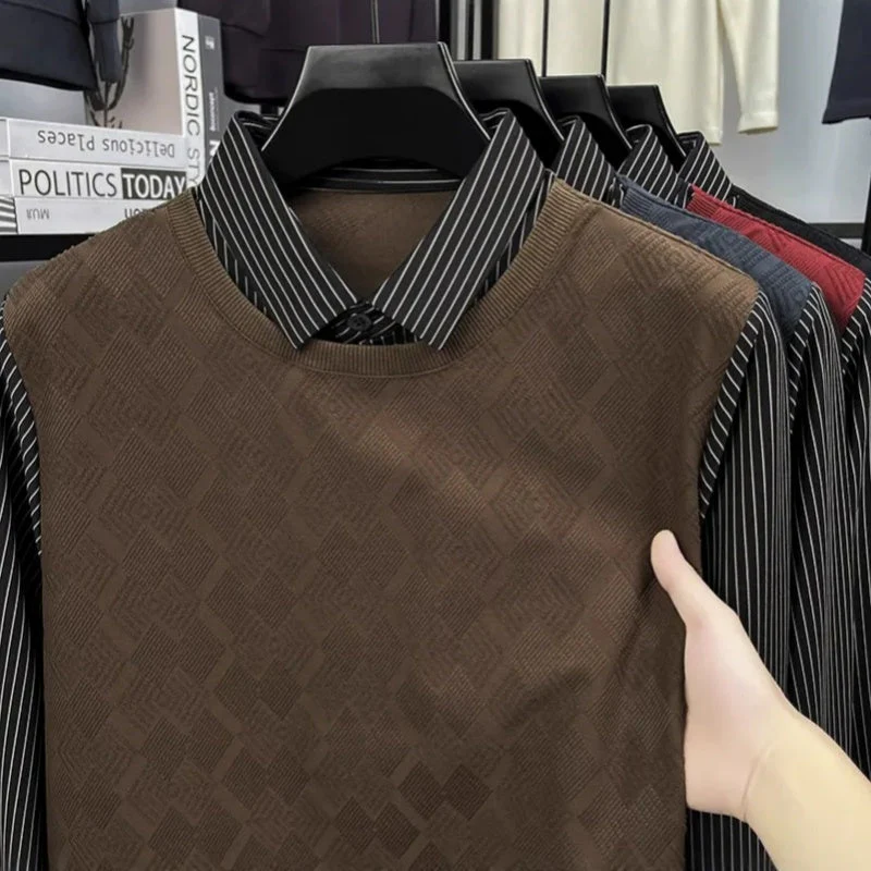 Men's Casual Faux Two-Piece Long-Sleeve Top - Image 5