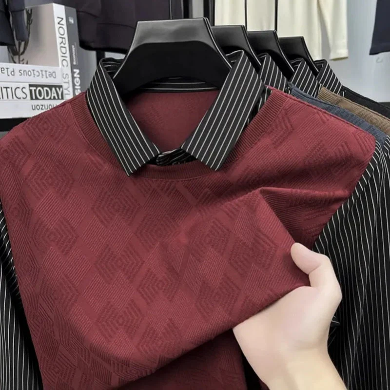 Men's Casual Faux Two-Piece Long-Sleeve Top - Image 7