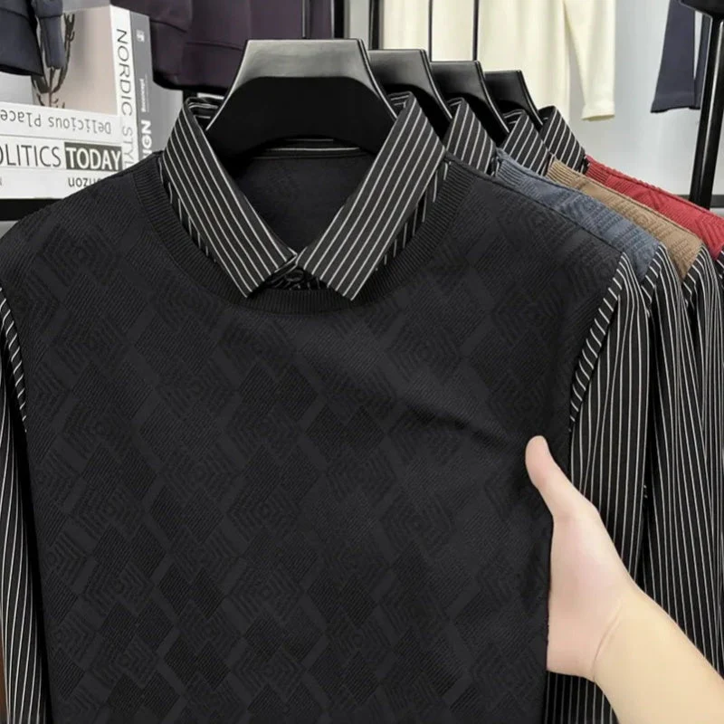 Men's Casual Faux Two-Piece Long-Sleeve Top - Image 8