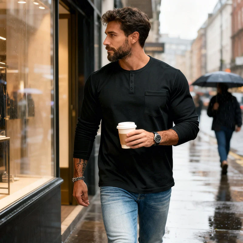 📢📢55 % de réduction !!!✨T-shirt Henley manches longues slim fit pour homme : respirant, élégant & polyvalent ! 👔👕 - Image 3