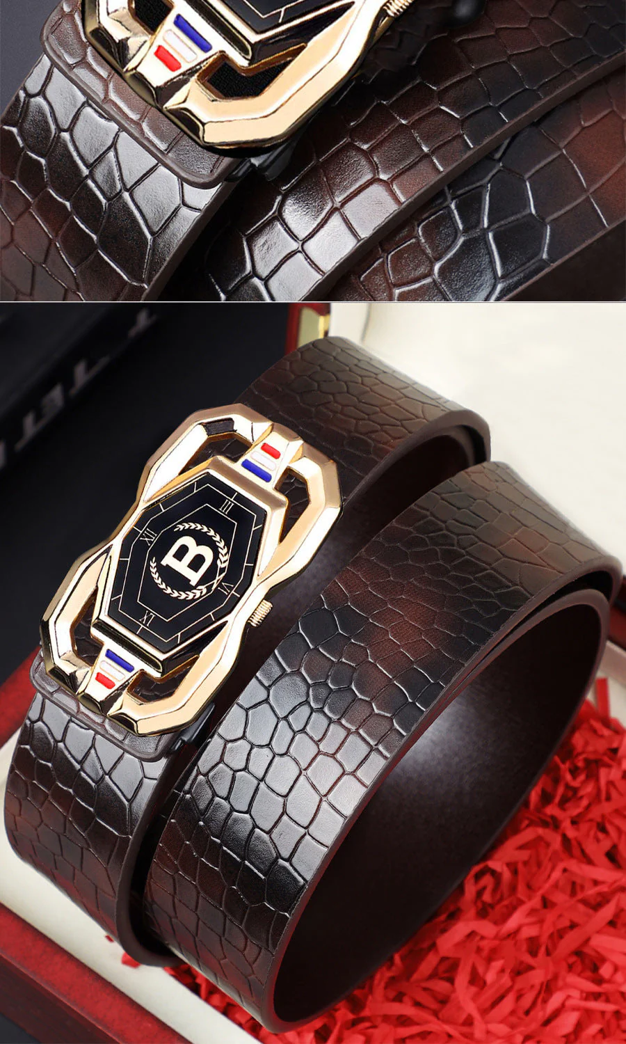 📢📢50 %  DE RÉDUCTION !! ⏰🐊Ceinture en cuir pour homme avec motif crocodile raffiné, boucle automatique et fabriquée en cuir de vachette. - Image 6