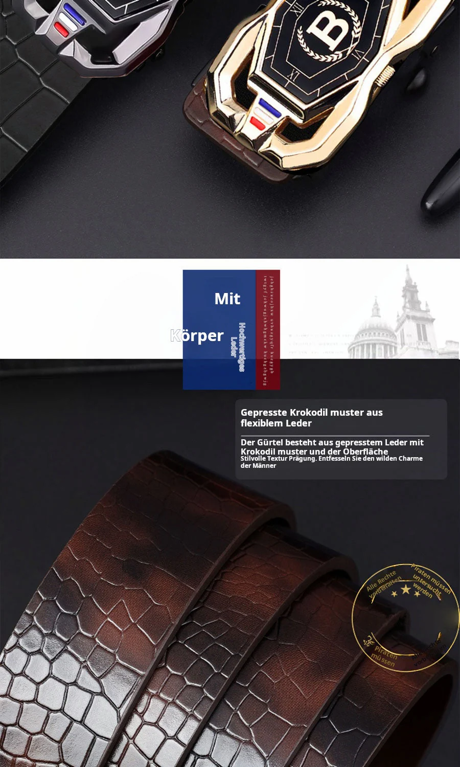 📢📢50 % DE RÉDUCTION !! ⏰🐊Ceinture en cuir pour homme avec motif crocodile raffiné, boucle automatique et fabriquée en cuir de vachette. - Image 10