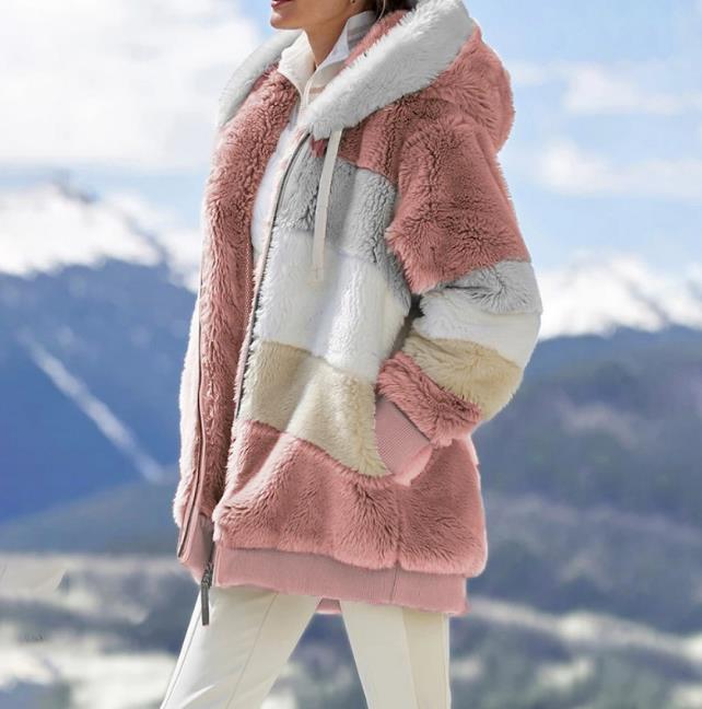 ❄️Offres du début de l'hiver 56%❄️Veste d'hiver en peluche pour femmes avec capuche et poches, en coloris contrastés. - Image 11