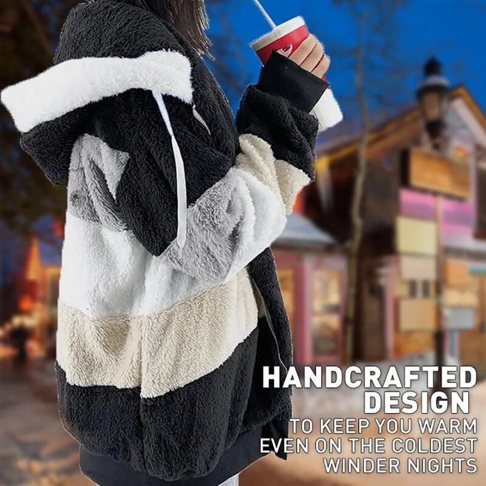 ❄️Offres du début de l'hiver 56%❄️Veste d'hiver en peluche pour femmes avec capuche et poches, en coloris contrastés. - Image 2