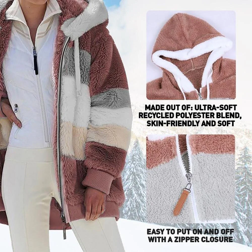 ❄️Offres du début de l'hiver 56%❄️Veste d'hiver en peluche pour femmes avec capuche et poches, en coloris contrastés. - Image 3