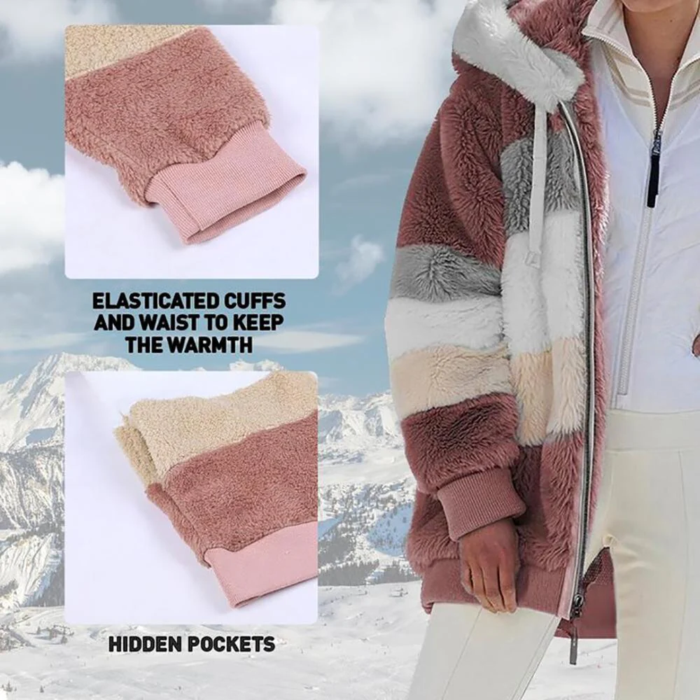 ❄️Offres du début de l'hiver 56%❄️Veste d'hiver en peluche pour femmes avec capuche et poches, en coloris contrastés. - Image 4