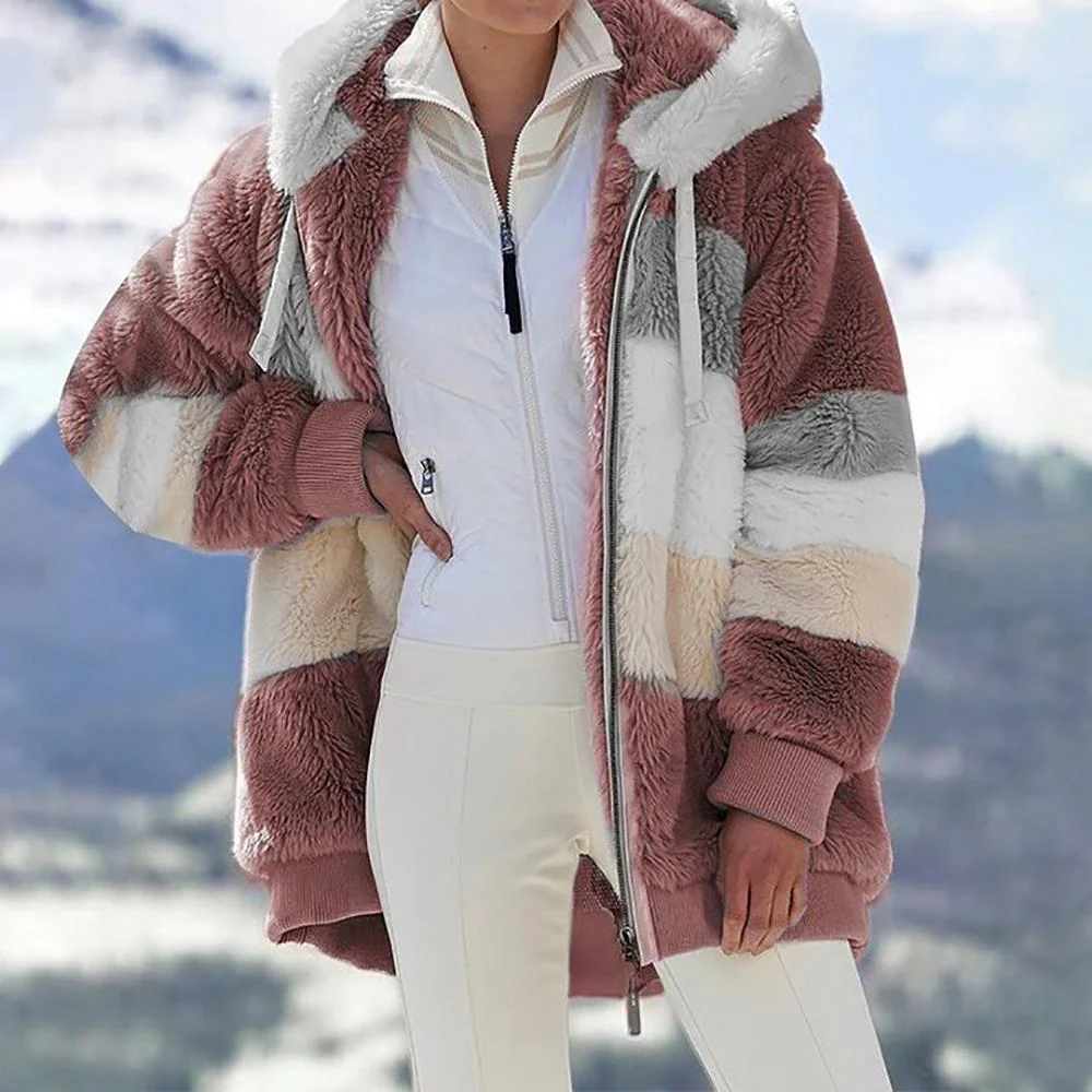 ❄️Offres du début de l'hiver 56%❄️Veste d'hiver en peluche pour femmes avec capuche et poches, en coloris contrastés. - Image 6