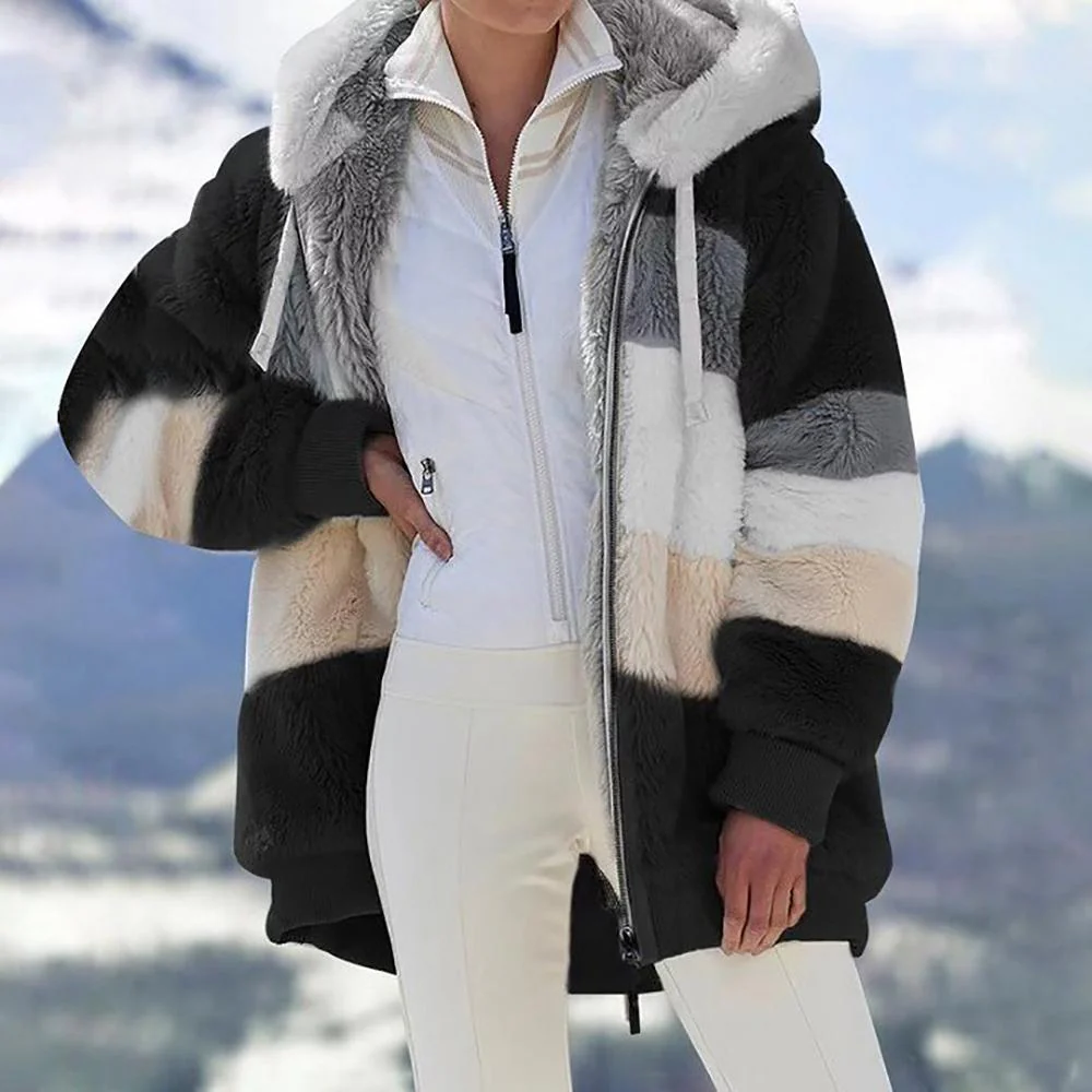 ❄️Offres du début de l'hiver 56%❄️Veste d'hiver en peluche pour femmes avec capuche et poches, en coloris contrastés. - Image 7
