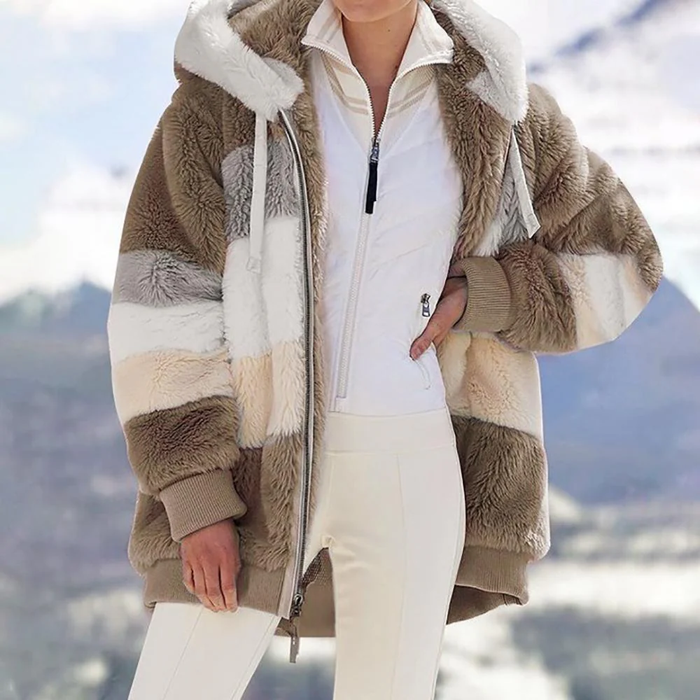 ❄️Offres du début de l'hiver 56%❄️Veste d'hiver en peluche pour femmes avec capuche et poches, en coloris contrastés. - Image 8