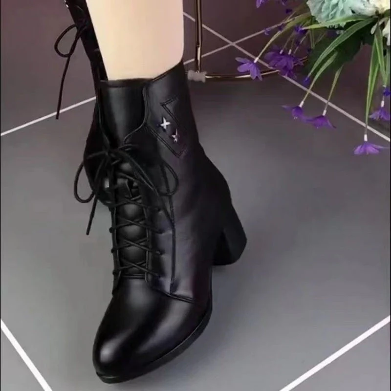 👢Bottes rétro à lacets et à fermeture éclair sur le côté, à talons hauts - Image 3