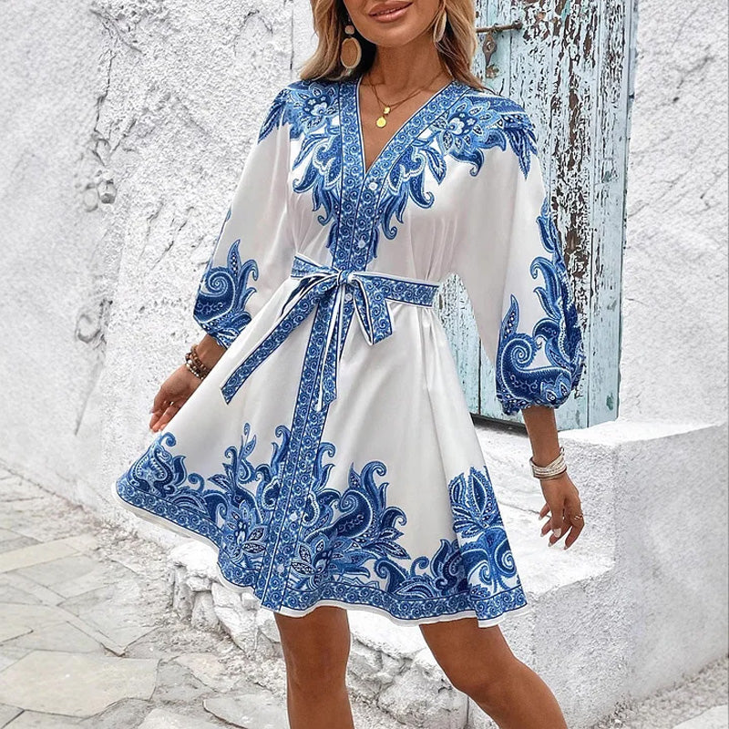 🌞🌸2025 ventes chaudes&Réduction limitée de 69% en été👱‍♀️Robe imprimée à col en V et ceinture nouée pour femme - Image 2
