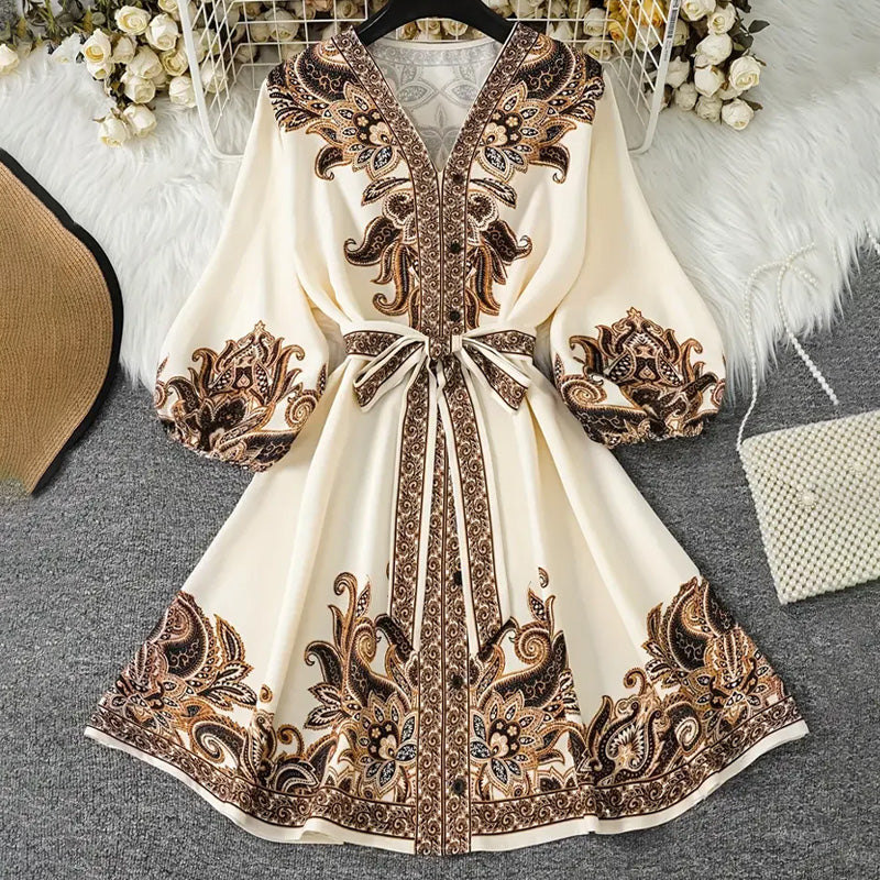 🌞🌸2025 ventes chaudes&Réduction limitée de 69% en été👱‍♀️Robe imprimée à col en V et ceinture nouée pour femme - Image 7