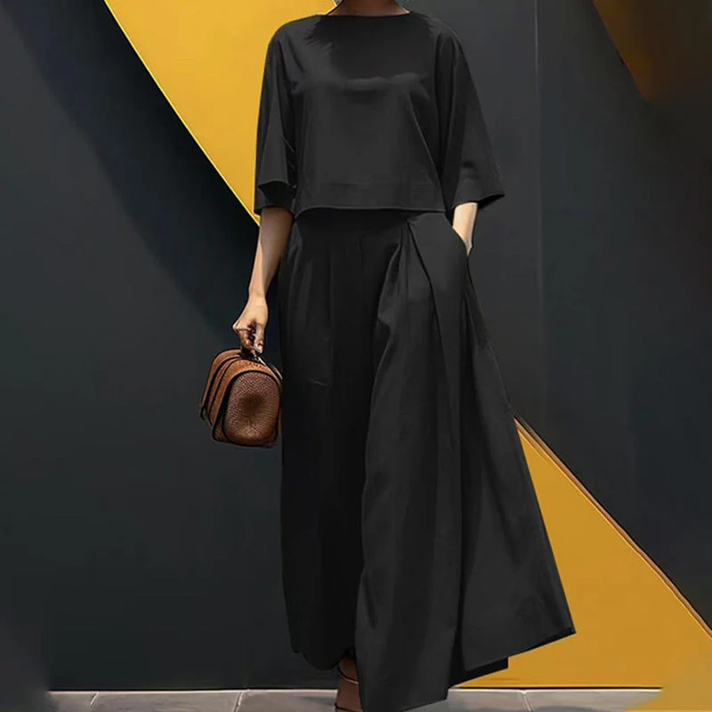 📢55% de réduction👗Ensemble 2 pièces décontracté pour femme, t-shirt à col rond et manches 3/4 et pantalon ample - Image 2