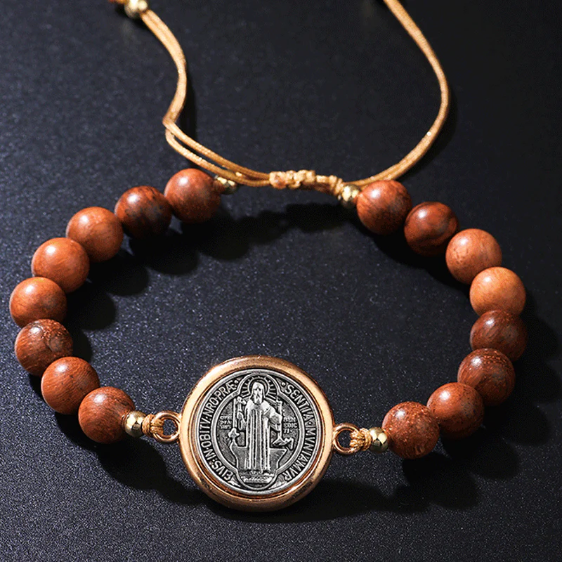 📢📢50 % de réduction !! ⏰🛡️Le compagnon d'un gardien✨Bracelet Saint-Benoît en perles de bois naturel🎁Ajustable, convient aux hommes et aux femmes - Image 3