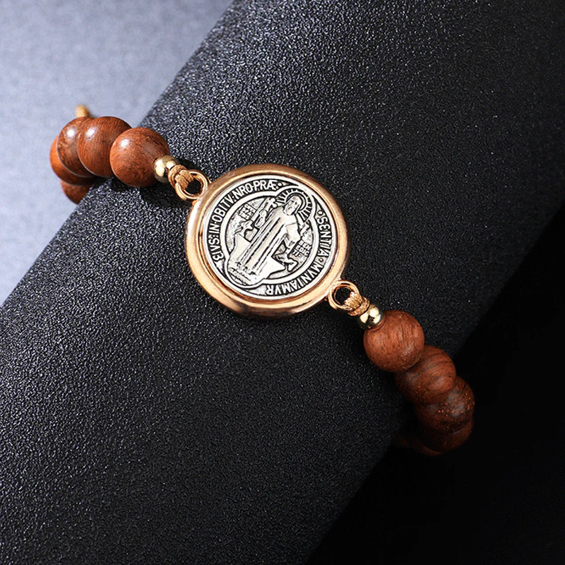 📢📢50 % de réduction !! ⏰🛡️Le compagnon d'un gardien✨Bracelet Saint-Benoît en perles de bois naturel🎁Ajustable, convient aux hommes et aux femmes - Image 4