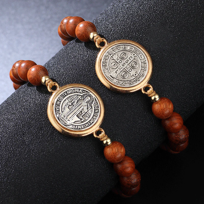 📢📢50 % de réduction !! ⏰🛡️Le compagnon d'un gardien✨Bracelet Saint-Benoît en perles de bois naturel🎁Ajustable, convient aux hommes et aux femmes - Image 5