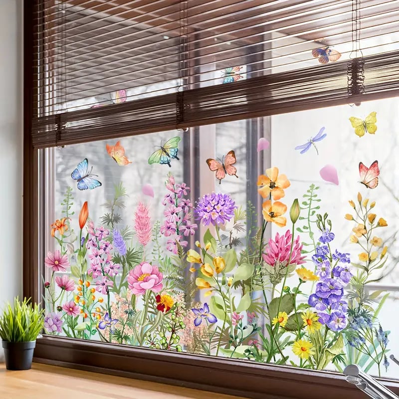 📢📢50 % de réduction !! ⏰Autocollant de fenêtre de bouquet floral coloré🖼️ (coupable à la taille librement)