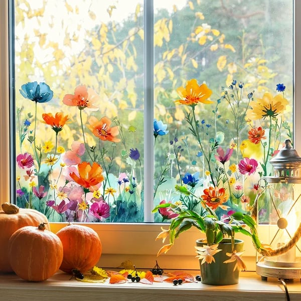 📢📢50 % de réduction !! ⏰Autocollant de fenêtre de bouquet floral coloré🖼️ (coupable à la taille librement) - Image 4