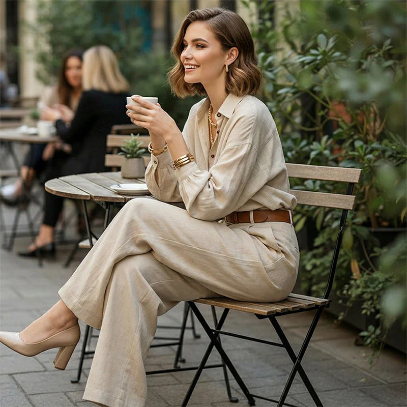 📢📢50 % de réduction !!⏰ Du Bureau au Café | Ensemble Chemise Large & Pantalon Palazzo 💼【Promo -60%】