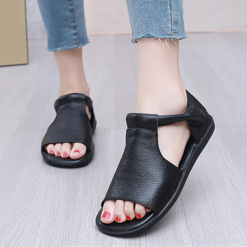 🎁Dernier jour 60 % de réduction✨Sandales plates d'été en cuir véritable à bout ouvert pour femme - Image 3