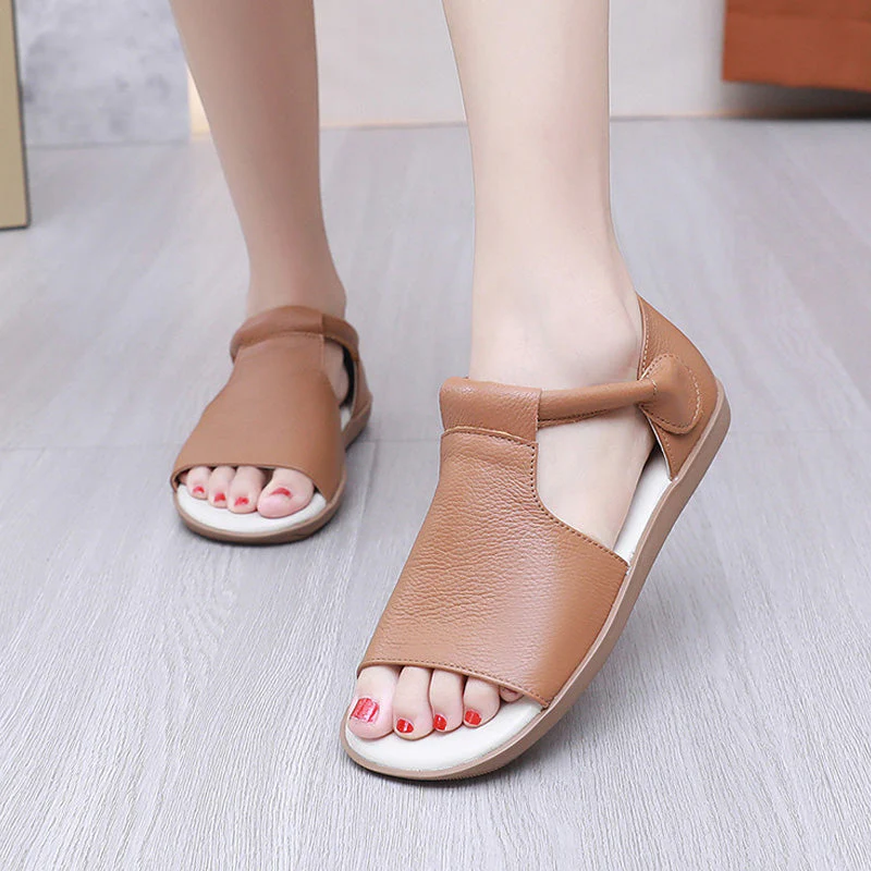 🎁Dernier jour 60 % de réduction✨Sandales plates d'été en cuir véritable à bout ouvert pour femme - Image 5