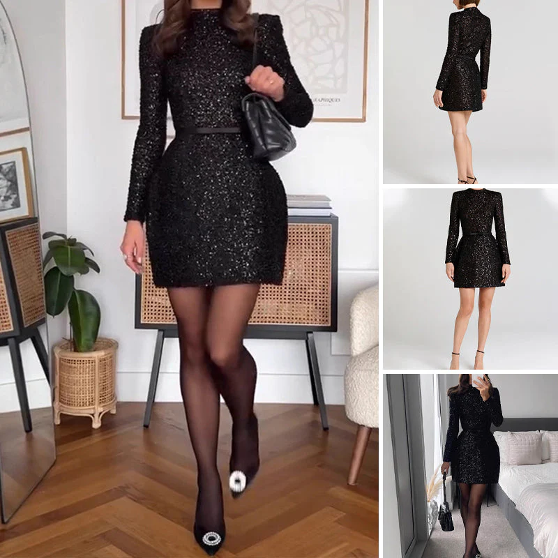 【Édition Prestige】Robe longue à manches longues scintillante avec ceinture pour femme
