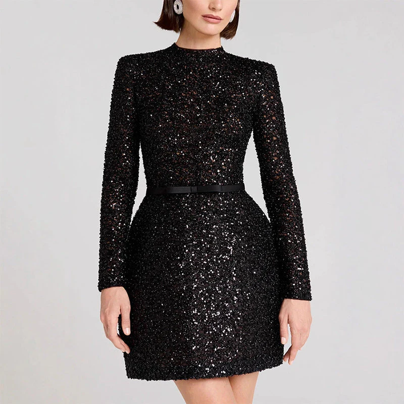 【Édition Prestige】Robe longue à manches longues scintillante avec ceinture pour femme - Image 13