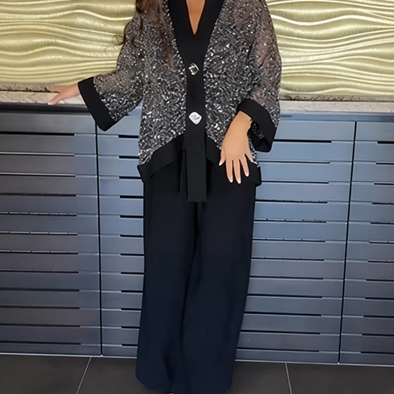 📢📢60% DE RÉDUCTION ! ✨Ensemble 2 pièces pour femme comprenant un cardigan à col en V et à paillettes et un pantalon à jambes larges - Image 4