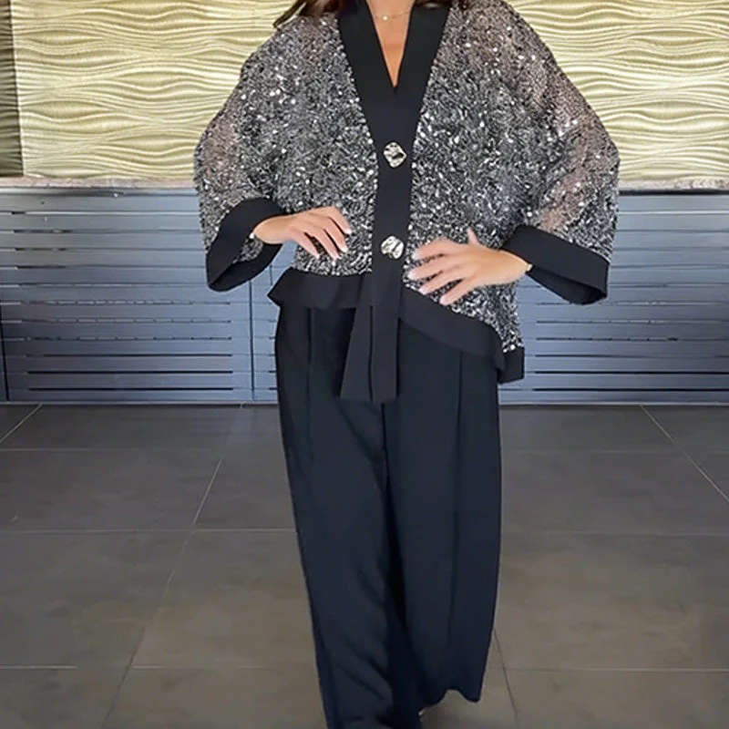 📢📢60% DE RÉDUCTION ! ✨Ensemble 2 pièces pour femme comprenant un cardigan à col en V et à paillettes et un pantalon à jambes larges - Image 8