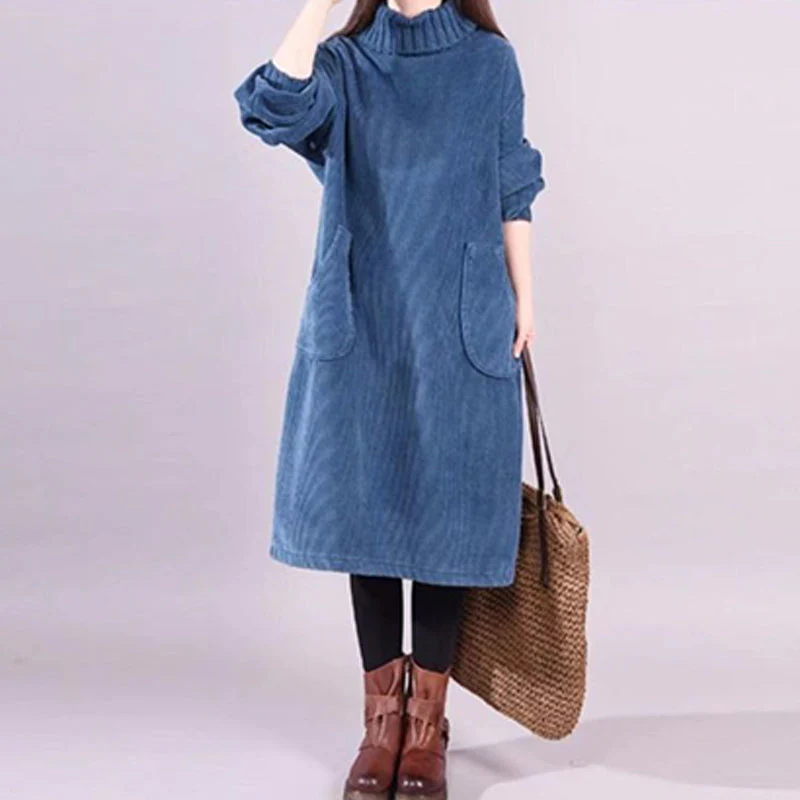 📢📢60 % de réduction !!!🎅👗 Robe Longue Femme en Velours Côtelé - Coupe Ample & Col Haut | Confort Douillet Absolu, Livraison Rapide 📦🍂