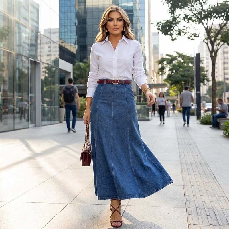 📢📢60 % de réduction !!⏰Jupe longue en jean trapèze taille haute pour femme - Image 2