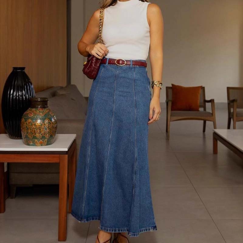 📢📢60 % de réduction !!⏰Jupe longue en jean trapèze taille haute pour femme - Image 8